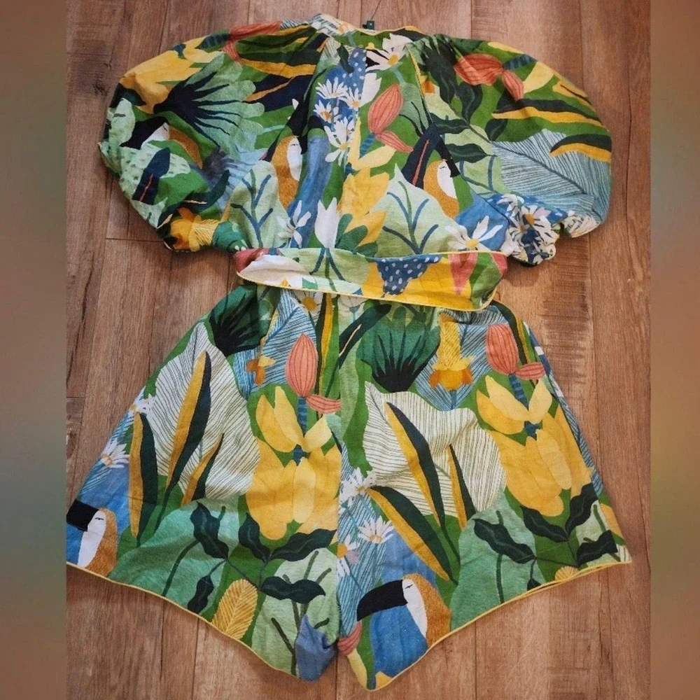 Farm Rio Tropical Print Romper Size S‎ New Without Tags Belted Shorts Jumpsuit - Picture 6 of 7